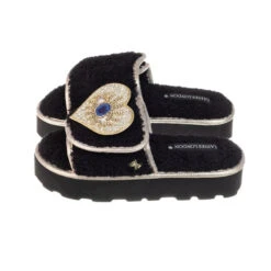 Terry Towelling Flatform Sliders With Couture Heart Eye Brooch