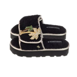 Terry Towelling Flatform Sliders With Couture Palm Tree Brooch