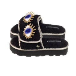 Terry Towelling Flatform Sliders With Golden Blue Eyes Brooches