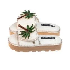 Terry Towelling Flatform Sliders With Double Palm Tree Brooches