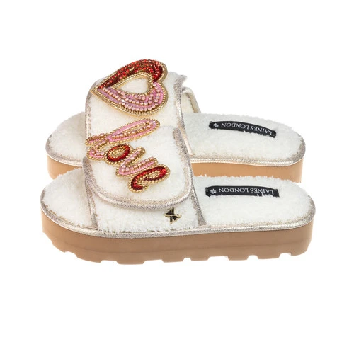 Terry Towelling Flatform Sliders With Heart & Love Brooches 1 Terry Towelling Flatform Sliders With Heart & Love Brooches