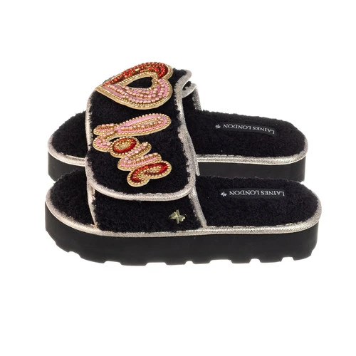 Terry Towelling Flatform Sliders With Heart & Love Brooches 2 Terry Towelling Flatform Sliders With Heart & Love Brooches - Image 2