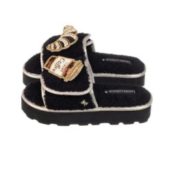 Terry Towelling Flatform Sliders With Coffee & Croissant Brooches