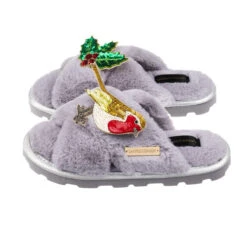 Ultralight Chic Slippers With Robin & Holly Brooches