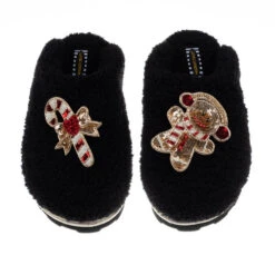Teddy Closed Toe Slippers With Gingerbread & Candy Cane Brooches