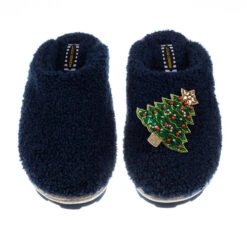 Teddy Closed Toe Slippers With Christmas Tree Brooch