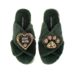 Classic Laines Slippers With Paw & Dog Mum Brooches