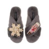 Classic Laines Slippers With Pink & Red Nutcracker & Snowflake Brooches