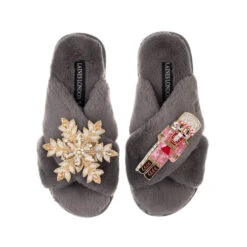 Classic Laines Slippers With Pink & Red Nutcracker & Snowflake Brooches