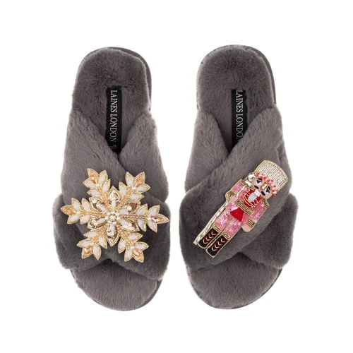 Classic Laines Slippers With Pink & Red Nutcracker & Snowflake Brooches 1 Classic Laines Slippers With Pink & Red Nutcracker & Snowflake Brooches