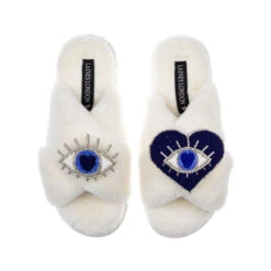 Classic Laines Slippers With Blue & Silver Double Eye Brooches