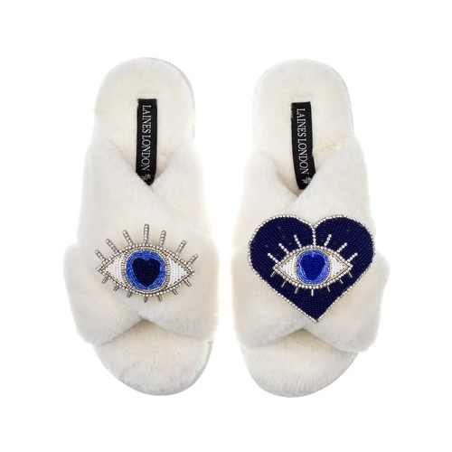 Classic Laines Slippers With Blue & Silver Double Eye Brooches 1 Classic Laines Slippers With Blue & Silver Double Eye Brooches