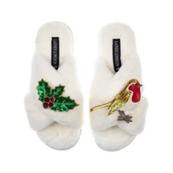 Classic Laines Slippers With Holly & Robin Brooches