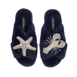 Classic Laines Slippers With Silver Lobster & Starfish Brooches