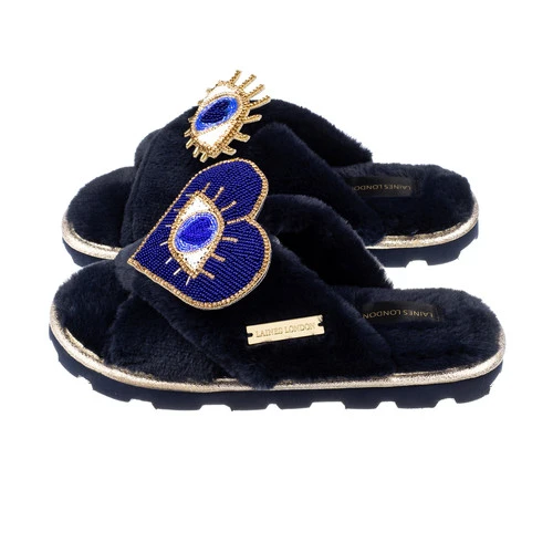 Ultralight Chic Slippers With Double Blue & Gold Eye Brooches 1 Ultralight Chic Slippers With Double Blue & Gold Eye Brooches