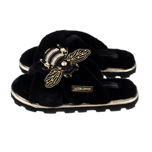 Ultralight Chic Slippers With Black & Gold Bee Brooch 1 Ultralight Chic Slippers With Black & Gold Bee Brooch