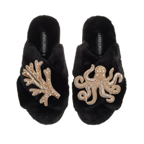 Classic Laines Slippers With Gold Octopus & Coral Brooches 1 Classic Laines Slippers With Gold Octopus & Coral Brooches