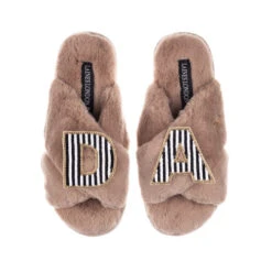 Classic Laines Slippers With Black & White Stripe Double Initial Brooches -Laines London file 328