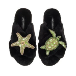 Classic Laines Slippers With Green & Gold Turtle & Starfish Brooches