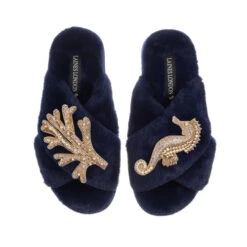 Classic Laines Slippers With Gold Seahorse & Coral Brooches