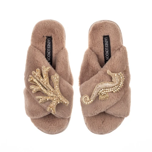 Classic Laines Slippers With Gold Seahorse & Coral Brooches 2 Classic Laines Slippers With Gold Seahorse & Coral Brooches - Image 2