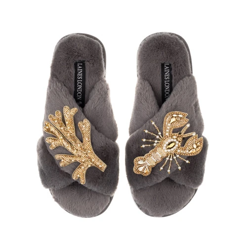 Classic Laines Slippers With Gold Lobster & Coral Brooches 1 Classic Laines Slippers With Gold Lobster & Coral Brooches