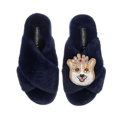 Classic Laines Slippers With Sandy The Corgi Brooch 1 Classic Laines Slippers With Sandy The Corgi Brooch