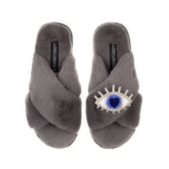 Classic Laines Slippers With Blue & Silver Eye Brooch