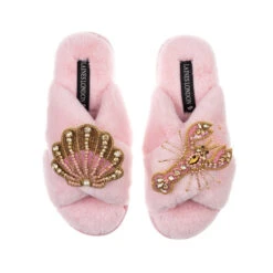 Classic Laines Slippers With Pink & Gold Lobster & Shell Brooches