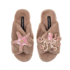 Classic Laines Slippers With Pink & Gold Octopus & Starfish Brooches