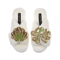 Classic Laines Slippers With Green & Gold Octopus & Shell Brooches