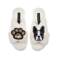 Laines London 33 Classic Laines Slippers With Buddy The Boston Terrier & Paw Brooches