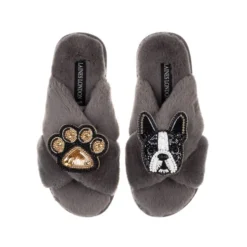 Classic Laines Slippers With Buddy The Boston Terrier & Paw Brooches 12 Classic Laines Slippers With Buddy The Boston Terrier & Paw Brooches -Laines London file 517