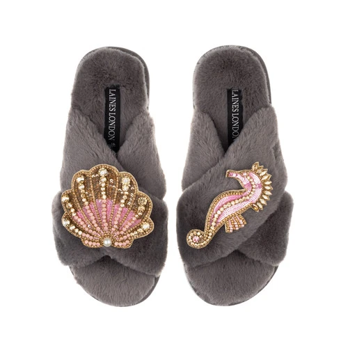 Classic Laines Slippers With Pink & Gold Seahorse & Shell Brooches 1 Classic Laines Slippers With Pink & Gold Seahorse & Shell Brooches