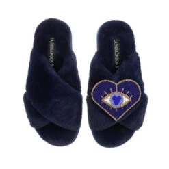 Classic Laines Slippers With Blue & Gold Heart Eye Brooch