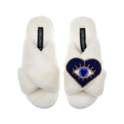 Classic Laines Slippers With Blue & Gold Heart Eye Brooch -Laines London file 534