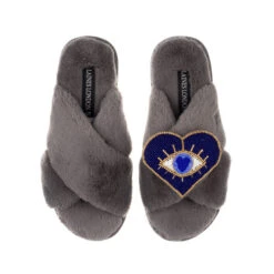 Classic Laines Slippers With Blue & Gold Heart Eye Brooch -Laines London file 535