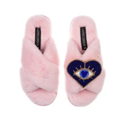 Classic Laines Slippers With Blue & Gold Heart Eye Brooch -Laines London file 536
