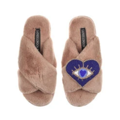 Classic Laines Slippers With Blue & Gold Heart Eye Brooch -Laines London file 537