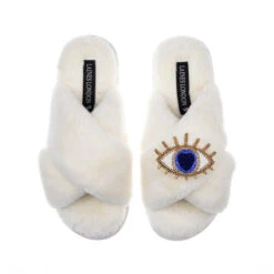 Classic Laines Slippers With Blue & Gold Eye Brooch