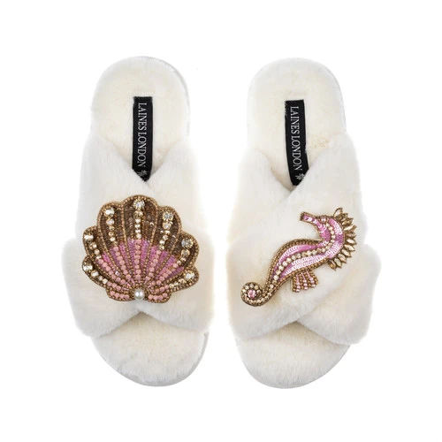 Classic Laines Slippers With Pink & Gold Seahorse & Shell Brooches 2 Classic Laines Slippers With Pink & Gold Seahorse & Shell Brooches - Image 2