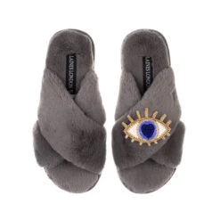 Classic Laines Slippers With Blue & Gold Eye Brooch -Laines London file 540