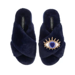 Classic Laines Slippers With Blue & Gold Eye Brooch -Laines London file 541