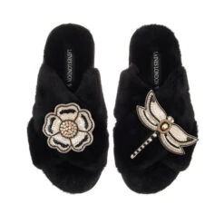 Classic Laines Slippers With Dragonfly & Flower Brooches