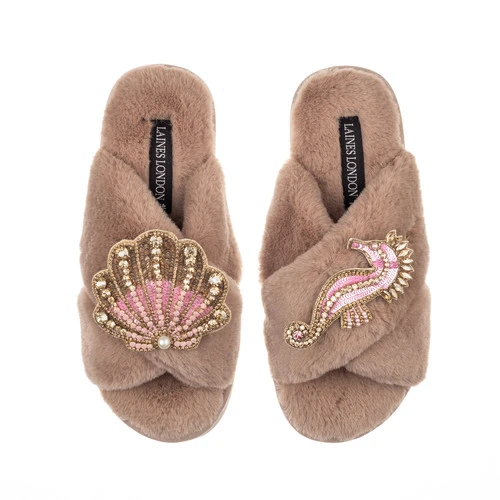 Classic Laines Slippers With Pink & Gold Seahorse & Shell Brooches 4 Classic Laines Slippers With Pink & Gold Seahorse & Shell Brooches - Image 4