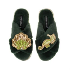 Classic Laines Slippers With Green & Gold Seahorse & Shell Brooches