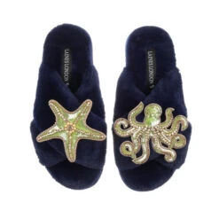 Classic Laines Slippers With Green & Gold Octopus & Starfish Brooches