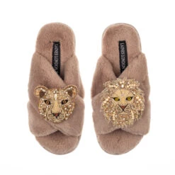 Classic Laines Slippers With Gold Lioness & Lion Brooches