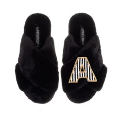 Classic Laines Slippers With Black & White Stripe Initial Brooch