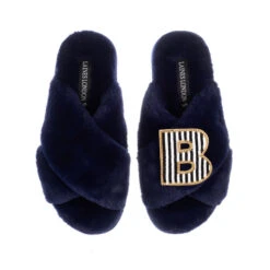 Classic Laines Slippers With Black & White Stripe Initial Brooch -Laines London file 632